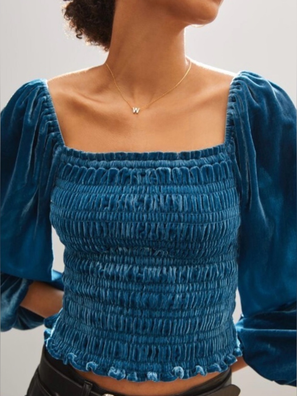 By Anthropologie Reinfair Puffed Sleeved Velvet Smoked Top Stretch Blue Size XS